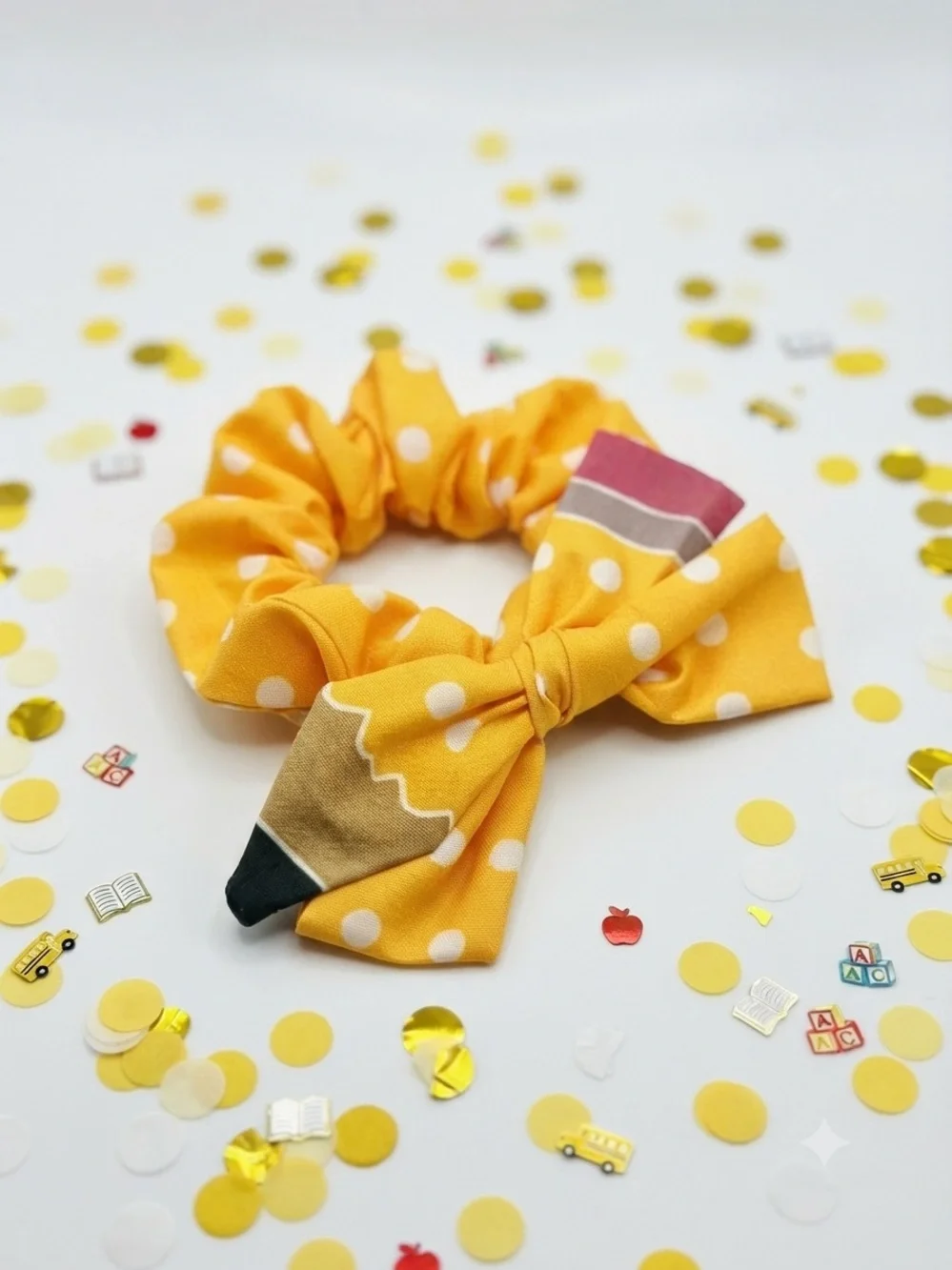 Handmade Pencil Bow Scrunchie Back to School Yellow Polka Dot Teacher Gift